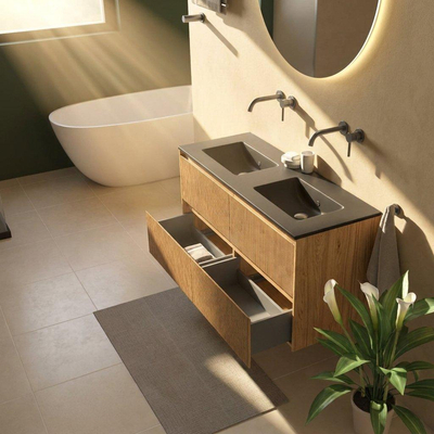 Saniclass Holz Atelier Ensemble meuble de salle de bains - 120x45x62cm - Vygo lavabo en céramique noir - 2 vasques - sans trous de robinet - 2 tiroirs - chêne naturel mat (bois)