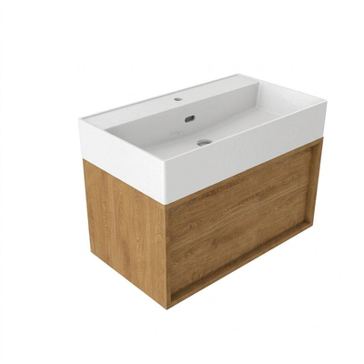 Saniclass Holz Frame Badkamermeubelset - 80x45x52cm - Legend keramische wastafel mat wit - 1 wasbak - 1 kraangat - 1 lade - mat eiken natural (hout)