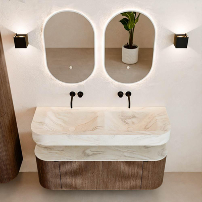 MONDIAZ THOR-DLUX 130cm meuble de salle de bains arrondi gauche + droite couleur Walnut avec 1 tiroir et 2 portes. Vasque suspendue CLOUD Double sans trou de robinet couleur Ostra.