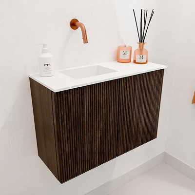 Mondiaz JOYA 60cm toiletmeubel - kleur Walnut - Wastafel FAYE positie Links Zonder kraangat kleur Talc.