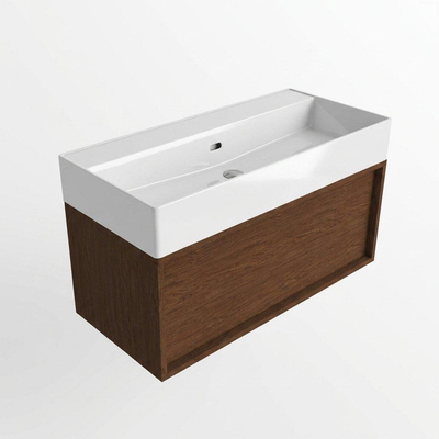 Saniclass Holz Frame Ensemble meuble de salle de bains - 100x45x52cm - Legend lavabo en céramique blanc - 1 vasque - sans trou de robinetterie - 1 tiroir - walnut pure mat (bois)
