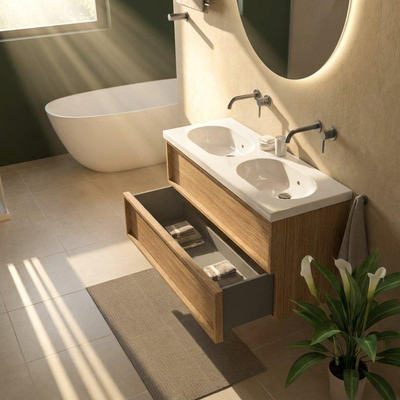 Saniclass Holz Frame Ensemble meuble de salle de bains - 120x45x63.5cm - lavabo Palermo en céramique blanc - 2 vasques - sans trous de robinet - 2 tiroirs - chêne natural mat (bois)