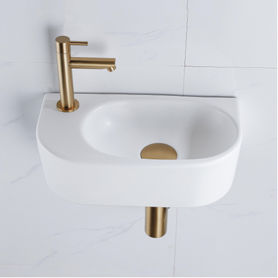 QeramiQ Fuente Ensemble de lavabo - 40x21.5x12cm - gauche - lisse - demi-rond - 1 trou de robinet - céramique - robinet de lavabo en laiton brossé - bonde - siphon abaissé - blanc mat