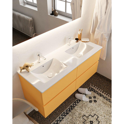 Mondiaz VICA ensemble de meuble de salle de bain - 120cm - meuble sous-vasque ocre 4 tiroirs - lavabo denia double - 2 trous de robinet XL version 60cm de haut