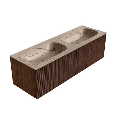 MONDIAZ KURVE-DLUX 140cm meuble de salle de bains couleur Walnut avec 2 tiroirs et 0 portes. Lavabo STOR SMALL Double sans trou de robinet Arena.