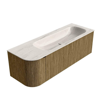 MONDIAZ KURVE-DLUX Meuble de salle de bains 135cm arrondi à gauche couleur Dusk avec 1 tiroir et 1 porte. Lavabo BIG MEDIUM à droite sans trou de robinet Meli.