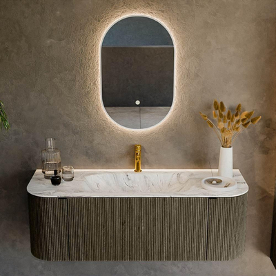 Mondiaz KURVE-DLUX Badkamermeubelset - 130x46x40cm - 1 lade - 2 deuren - wastafel solid surface - midden - 1 kraangat - Shadow