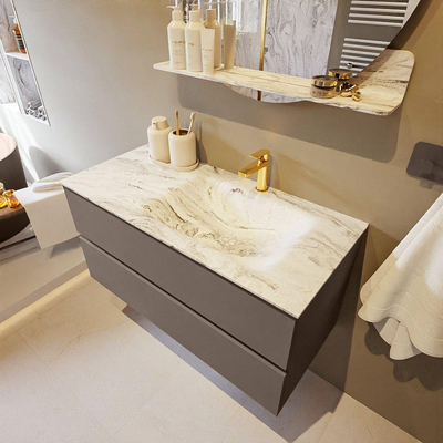 Mondiaz VICA-DLUX ensemble de meuble de salle de bain - 100cm - meuble sous-vasque fumée - 2 tiroirs - lavabo encastré nuage droite - 1 trou de robinet - version haute 60cm - glace