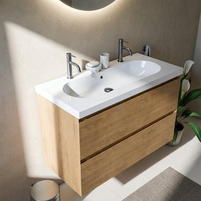 Saniclass Holz Pure Ensemble de meubles de salle de bains - 100x45x63.5cm - Lavabo en céramique Palermo blanc - 1 vasque - 2 trous de robinetterie - 2 tiroirs - chêne natural mat (bois)