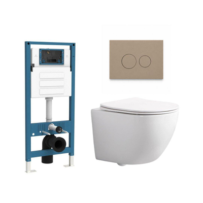 QeramiQ Dely Swirl Compact Ensemble WC - réservoir encastré QeramiQ flush - abattant slim - plaque de commande en plastique taupe - boutons ronds - blanc brillant