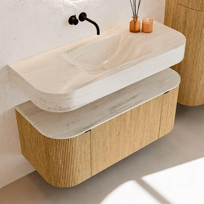 MONDIAZ THOR-DLUX 110cm badmeubel ronding links + rechts kleur Oak met 1 lade en 2 deuren. Vrijhangende wastafel CLOUD Midden zonder kraangat kleur Meli.