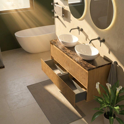 Saniclass Holz Atelier Ensemble meuble de salle de bains - 140x45x63cm - Plan de travail en pierre naturelle Noche dark emperador - sans trou de robinet - 4 tiroirs - chêne natural mat (bois)