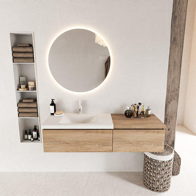 MONDIAZ BUKLA 140cm ensemble de meuble avec module 60 couleur Chêne blanchi avec 2 tiroirs. Lavabo CLOUD gauche 1 trou de robinet couleur Talc.