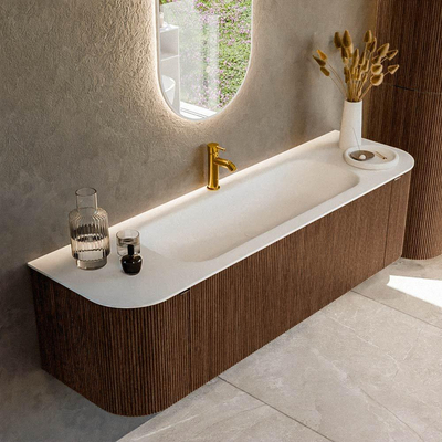 MONDIAZ KURVE 160cm badmeubel met module 25 Len R kleur Walnut met 1 lade en 2 deuren. Wastafel BIG MEDIUM midden 1 kraangat Talc.