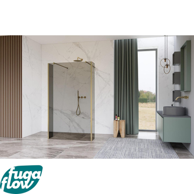 FugaFlow Eccelente Vetro Vrijstaande inloopdouche badkamer - 100x200cm - Rookglas - antikalk - 8mm veiligheidsglas - 2 zijwanden 40cm - met wandarmen en hoekprofielen - Messing geborsteld (goud) -