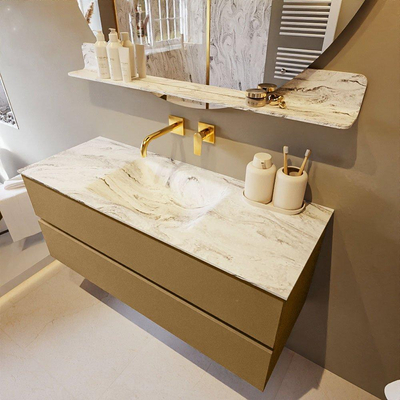 Mondiaz VICA-DLUX Ensemble de meuble de salle de bain - 120cm - meuble sous-vasque oro - 2 tiroirs - lavabo encastrée cloud milieu - sans trous de robinet - version haute de 60cm - glace