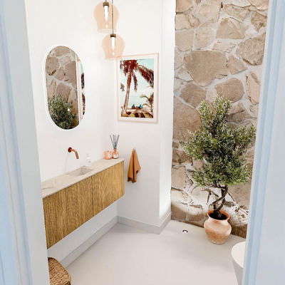 Mondiaz JOYA-DLUX 123.2cm toiletmeubel - ronding links en rechts kleur Oak - Wastafel FAYE positie Midden Zonder kraangat kleur Frappe.