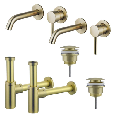 FugaFlow Eccelente Sobrado Badkamer Wastafelkraanset - voor dubbele wastafel - inbouw wastafelkraan - klikwaste plug - design sifon - PVD Geborsteld Messing