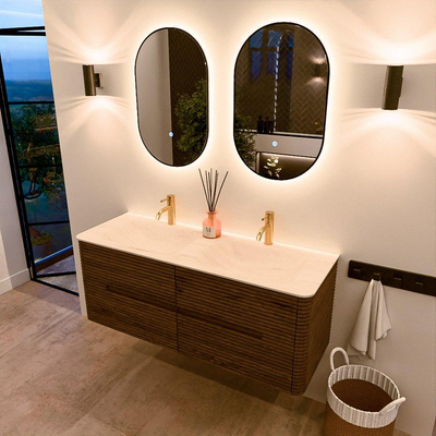 Mondiaz CIRO-DLUX Badkamermeubelset - 130x45x50cm - Solid surface wastafel Meli - 2 wasbak Dubbel - 2 kraangaten - 4 lades - Dusk