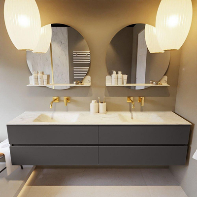 Mondiaz VICA-DLUX ensemble de meuble de salle de bain - 200cm - meuble sous-vasque gris foncé - 4 tiroirs - lavabo encastré cloud double - sans trous de robinet - version haute de 60cm - opalo