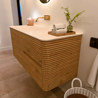 Mondiaz CIRO-DLUX Badkamermeubelset - 110x45x50cm - Solid surface wastafel Meli - 1 wasbak Links - zonder kraangaten - 2 lades - Oak