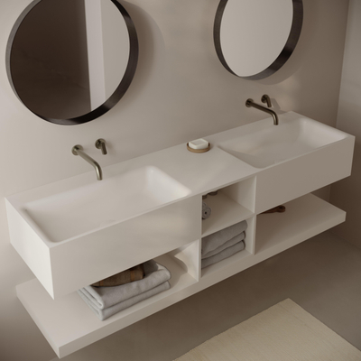 Ideavit Solidtetris Vrijhangende Wastafel - 150x40x45 - solid surface - 2 wasbakken - 2 opbervakken - wit mat