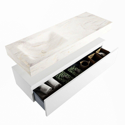 Mondiaz ALAN-DLUX Ensemble de meuble - 130cm - meuble Talc mat - 1 tiroir - Lavabo Cloud Ostra suspendu - vasque Gauche - 0 trous de robinet