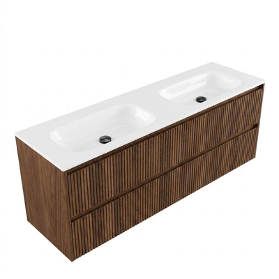Saniclass Holz Atelier Ensemble meuble de salle de bains - 160x45x61.5cm - Flow lavabo en solid surface blanc - 2 vasques - sans trous de robinetterie - 4 tiroirs - noyer pur mat (bois)
