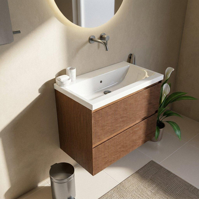 Saniclass Holz Atelier Ensemble de meuble de salle de bains - 80x45x63.5cm - lavabo en céramique Bari blanc - 1 vasque - sans trou de robinet - 2 tiroirs - walnut pure mat (bois)