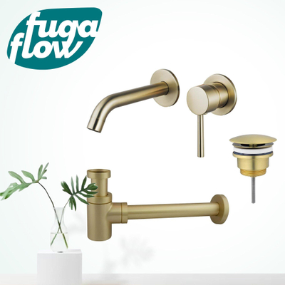 FugaFlow Eccelente Sobrado Badkamer Slim Wastafelkraanset - inbouw wastafelkraan - always open plug - verlaagde design sifon - PVD Geborsteld Messing
