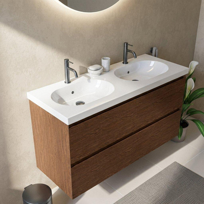 Saniclass Holz Pure Ensemble meuble de salle de bains - 120x45x63.5cm - lavabo en céramique Palermo blanc - 2 vasques - 2 trous de robinetterie - 4 tiroirs - noyer pure mat (bois)