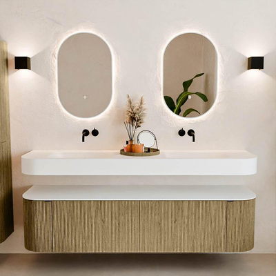 MONDIAZ THOR 180cm meuble de salle de bains arrondi gauche + droite couleur Dusk avec 2 tiroirs et 2 portes. Vasque suspendue CLOUD Double sans trou de robinet couleur Talc.