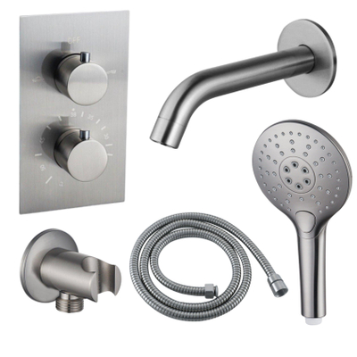 Fortifura Calvi Ensemble de robinet de baignoire - bec - 22cm réductible - flexible en métal - douchette ronde - partie encastrable - support mural - inox brossé PVD