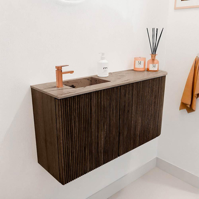 Mondiaz JOYA-DLUX 81.6cm toiletmeubel - ronding rechts kleur Walnut - Wastafel FAYE positie Links 1 kraangat kleur Arena.