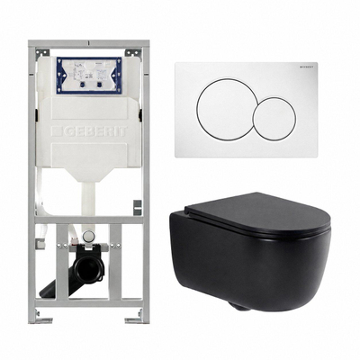 QeramiQ Dely Swirl Toiletset - 36.5x53cm - Geberit UP320 inbouwreservoir - met Burda frame - slim zitting - witte sigma bedieningsplaat - ronde knoppen - mat zwart