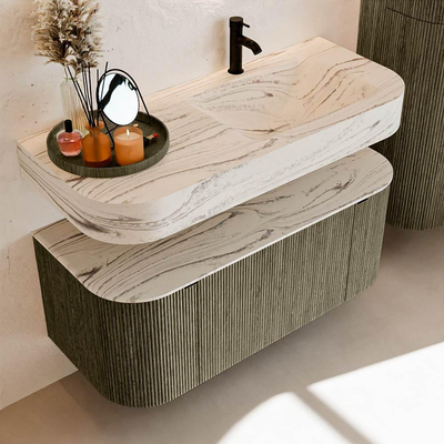 MONDIAZ THOR-DLUX Meuble de salle de bains - 110cm - arrondi gauche + droite - couleur Shadow - 1 tiroir - 2 portes - Vasque suspendue CLOUD Droite 1 trou de robinet couleur Nata