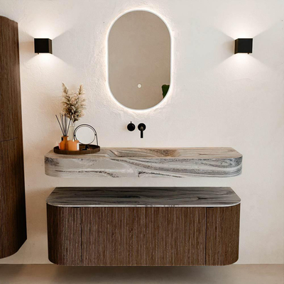 MONDIAZ THOR-DLUX 130cm badmeubel ronding links + rechts kleur Walnut met 1 lade en 2 deuren. Vrijhangende wastafel CLOUD Midden zonder kraangat kleur Sombra.
