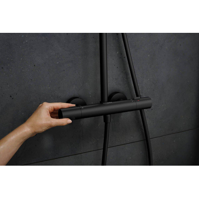 Hansgrohe Pulsify S Puro Ensemble de douche de tête thermostatique pluie - 26cm - douche de tête ronde - douchette à main sur barre - noir mat