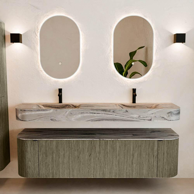 MONDIAZ THOR-DLUX Meuble de salle de bains 170cm arrondi gauche + droite couleur Shadow avec 1 tiroir et 2 portes. Vasque suspendue CLOUD Double 2 trous de robinet couleur Sombra.