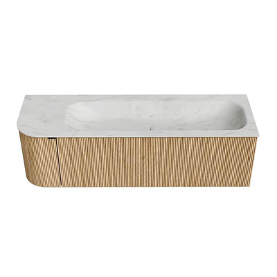 MONDIAZ KURVE-DLUX meuble de salle de bains 145 cm avec module 25 L couleur Oak avec 1 tiroir et 1 porte. Lavabo BIG LARGE à droite 2 trous de robinet couleur Opalo.