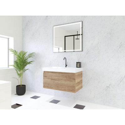 HR Matrix ensemble meuble de salle de bain 3d 80cm 1 tiroir sans poignée avec bandeau de poignée en chêne français avec lavabo 1 seul trou de robinetterie blanc