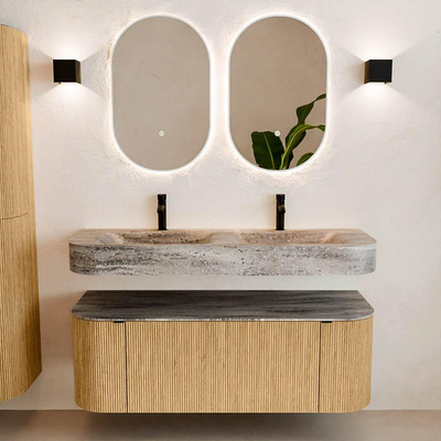 MONDIAZ THOR-DLUX 130cm badmeubel ronding links + rechts kleur Oak met 1 lade en 2 deuren. Vrijhangende wastafel CLOUD Dubbel 2 kraangaten kleur Oza.