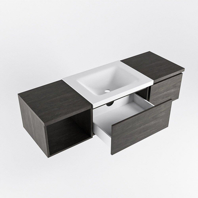 MONDIAZ BUKLA meuble de salle de bain 140cm avec module ouvert 40 à gauche couleur Marron Foncé avec 2 tiroirs. Lavabo CLOUD centre 0 trous de robinet couleur Talc.