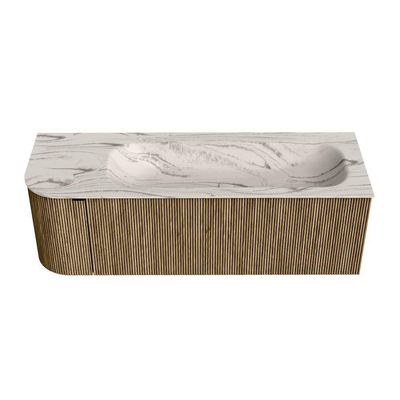 MONDIAZ KURVE-DLUX Meuble de salle de bains 135cm arrondi à gauche couleur Dusk avec 1 tiroir et 1 porte. Lavabo BIG MEDIUM à droite sans trou de robinetterie Nata.