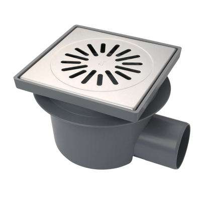 Aquaberg Siphon de sol en ABS avec grille en acier inoxydable avec sortie latérale Ø75mm non réglable 200x200mm avec seau/fermeture anti-odeurs PPC garde d'eau 60mm