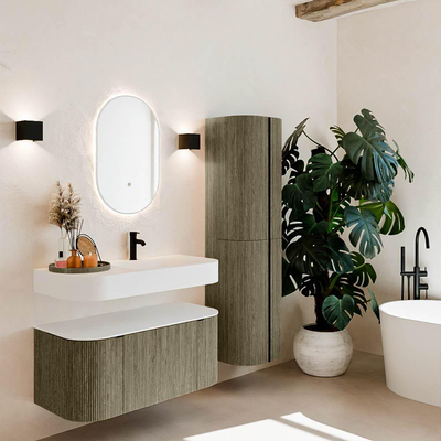 MONDIAZ THOR 100cm meuble de salle de bains arrondi gauche + droite couleur Shadow avec 1 tiroir et 2 portes. Vasque suspendue CLOUD Droite 1 trou de robinet couleur Talc.