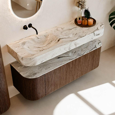 MONDIAZ THOR-DLUX 140cm meuble de salle de bains arrondi gauche + droite couleur Walnut avec 1 tiroir et 2 portes. Vasque suspendue CLOUD Gauche sans trou de robinet couleur Glace.