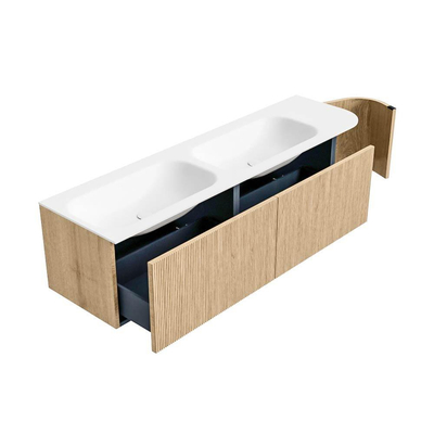 MONDIAZ KURVE 165cm meuble de salle de bains avec module 25 R couleur Oak avec 2 tiroirs et 1 porte. Lavabo BIG SMALL double / gauche sans trou de robinet Talc.