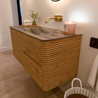 Mondiaz CIRO-DLUX Meuble de salle de bains - 110x45x50cm - Plan-vasque solid surface Sombra - 1 vasque à droite - sans trous de robinetterie - 2 tiroirs - Chêne