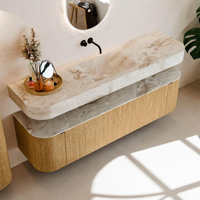 MONDIAZ THOR-DLUX 170cm badmeubel ronding links + rechts kleur Oak met 1 lade en 2 deuren. Vrijhangende wastafel CLOUD Midden zonder kraangat kleur Frappe.